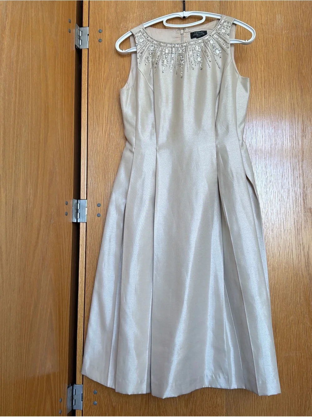 Tahari Champagne Beaded Neckline Midi Dress - Picture 1 of 5